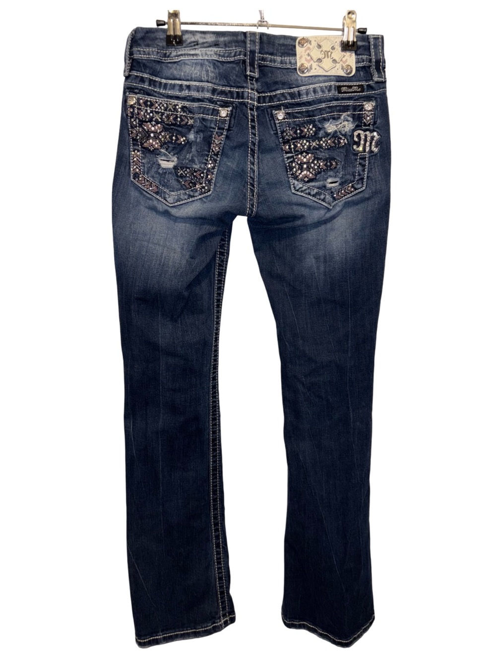 Miss Me Boot Cut Jeans Women’s Size 28 Inseam 31 Bling Pockets Dark Blue